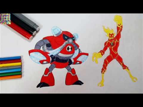 رسم هيت بلاست و اوفر فلو الكائنات الفضائية فى كرتون بن 10  draw heat blast  and over flow ben 10