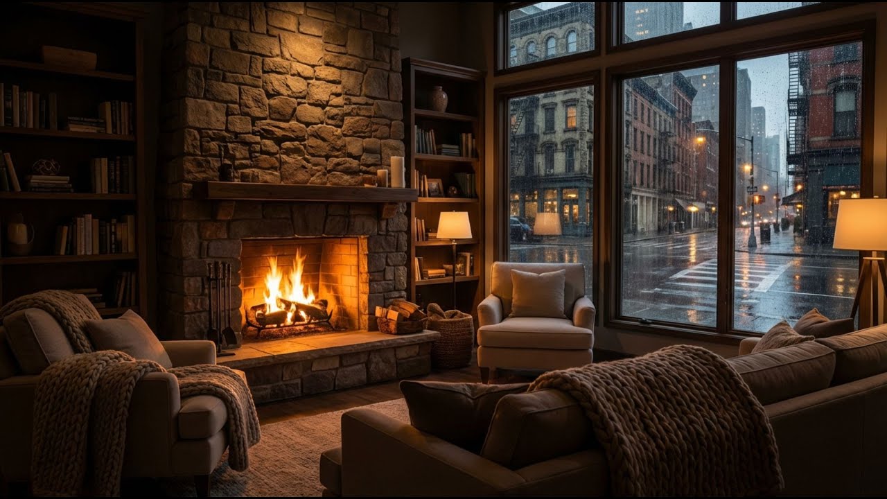 Cozy Fireplace & Rainy City Night Ambience | 3 Hours | After Hours