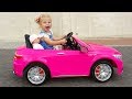 Little girl elis ride on pink mercedes benz amg 12v power wheel with baby doll and thomas bmw