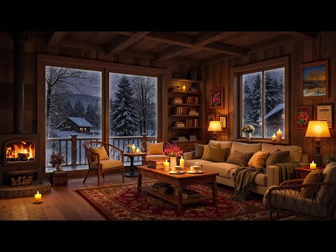 Cozy Winter Cabin By The Fireplace Relaxing Jazz Music Snowfall Candlelight For Stress Relief 