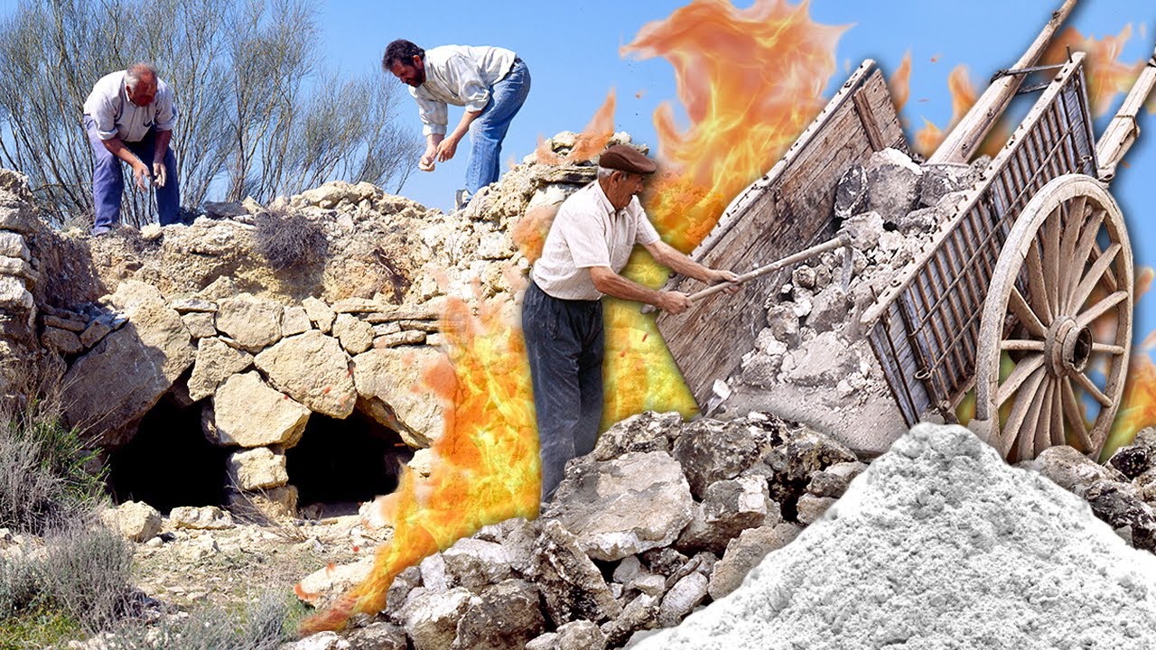 Гипс. Обжиг гипсовых камней в старинных печах, построенных вручную в горах