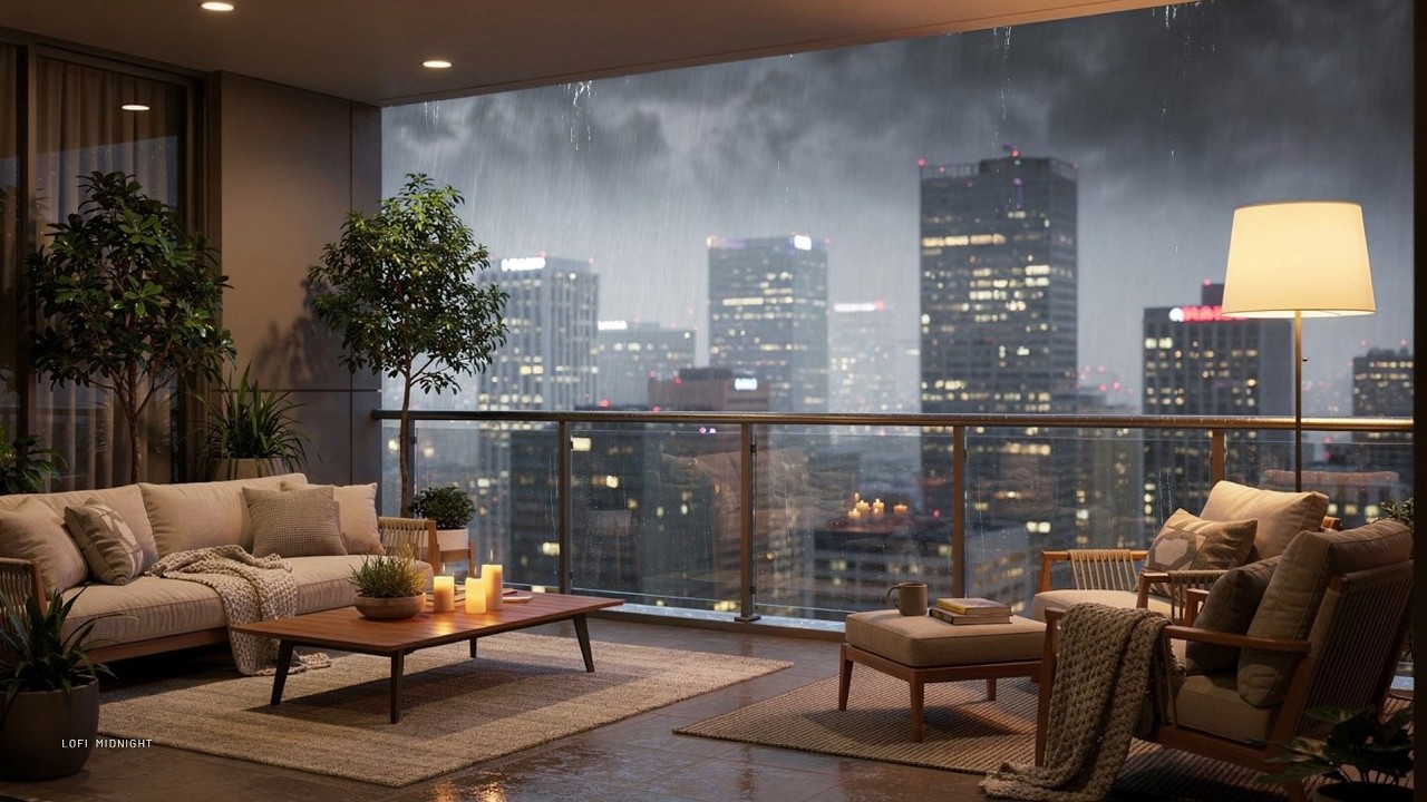 Cozy Balcony in the Rain 🌧️ Chill Lofi Beats & Midnight City Ambience | Study, Sleep