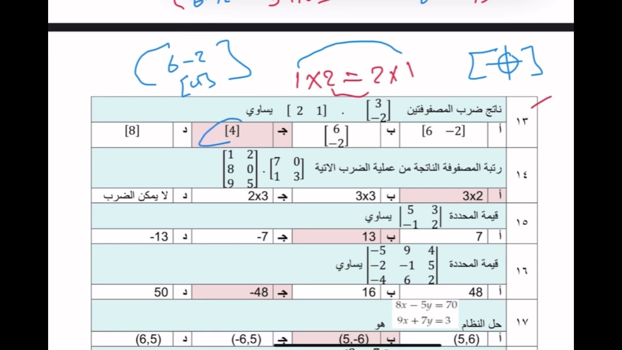 اختبار رياضيات ثاني ثانوي باب المصفوفات الجزء الأول هام في النهائي ♥️👍♥️♥️