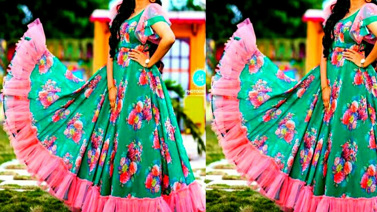 Floral long frocks designs | Chiffon floral print long gown dress