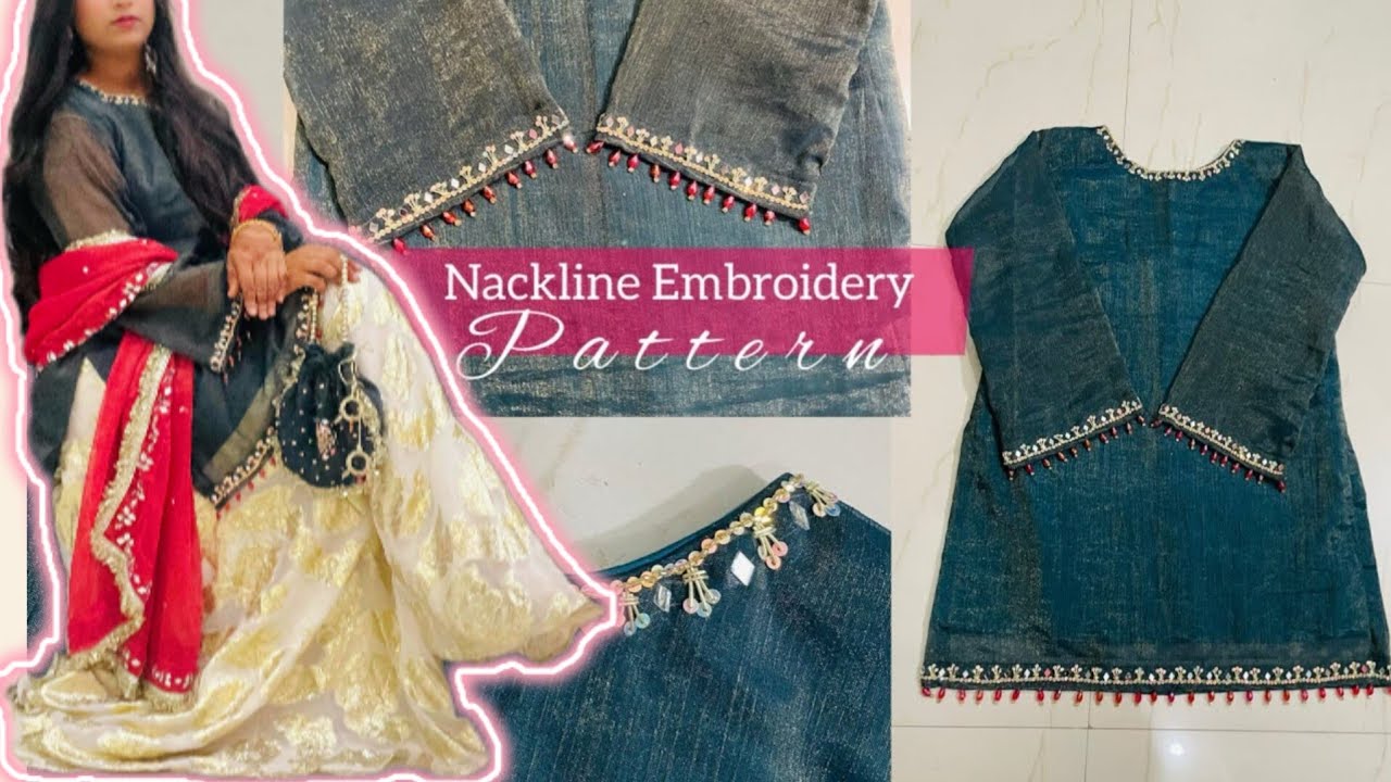 Nackline beads embroidery pattern 🤍 beads sequence & mirror work✨ outfit from scratch🩷