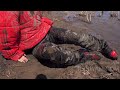 Shiny Puffy Jacket and Leather Pants Trashed In Oil, Mud & Syrup | Messy Girl | Mud Girl | Wetlook