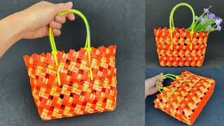 DIY Small Basket from Plastic Tubes . สานตะกร้าใบเล็กจากหลอดพลาสติก
