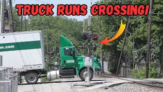 Semi truck runs activated crossing with train coming!!! Triple Crown Roadrailers on their last days!