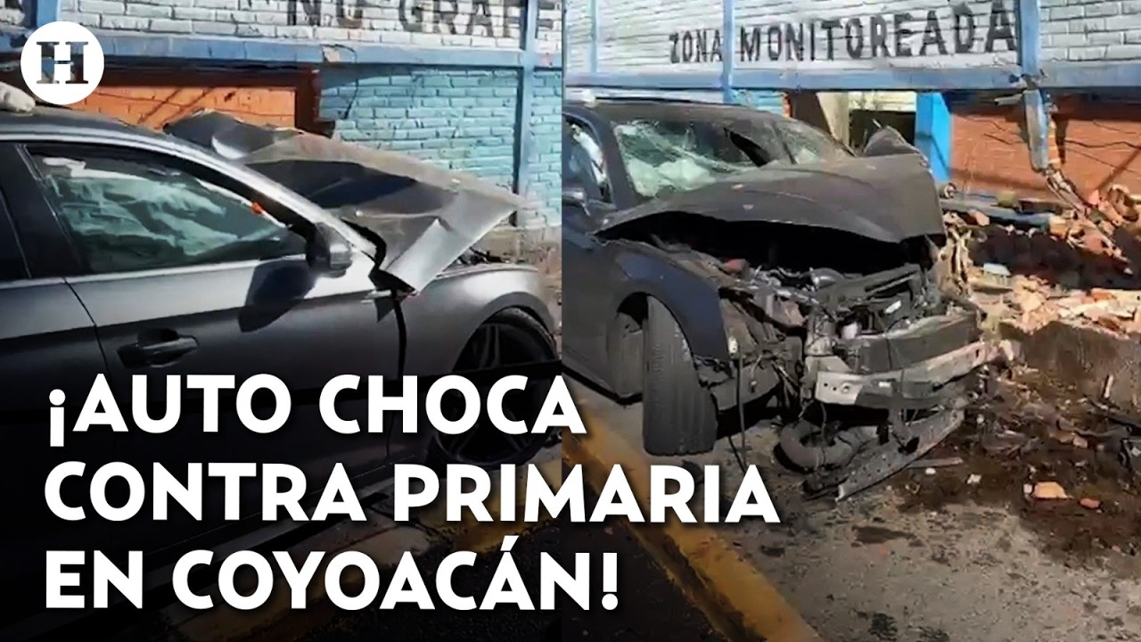 ¡Choca y destruye primaria! Auto se impacta contra barda de escuela en Coyoacán; esto se sabe