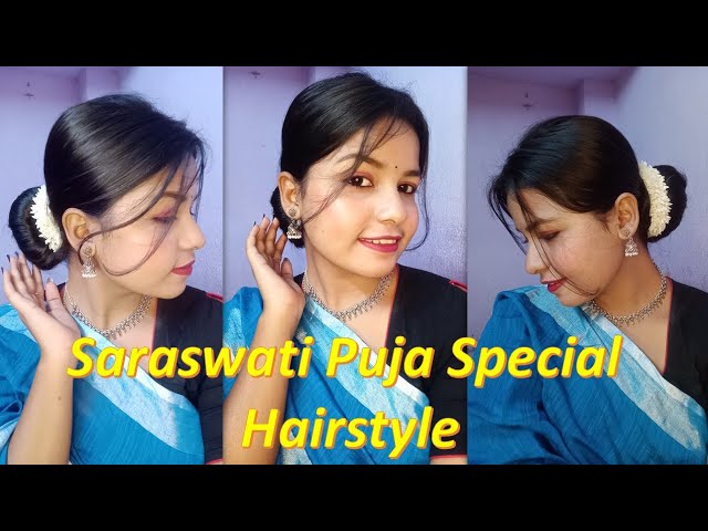 Saraswati Puja hairstyle for teenagers||10min hairstyle for long hair -  YouTube