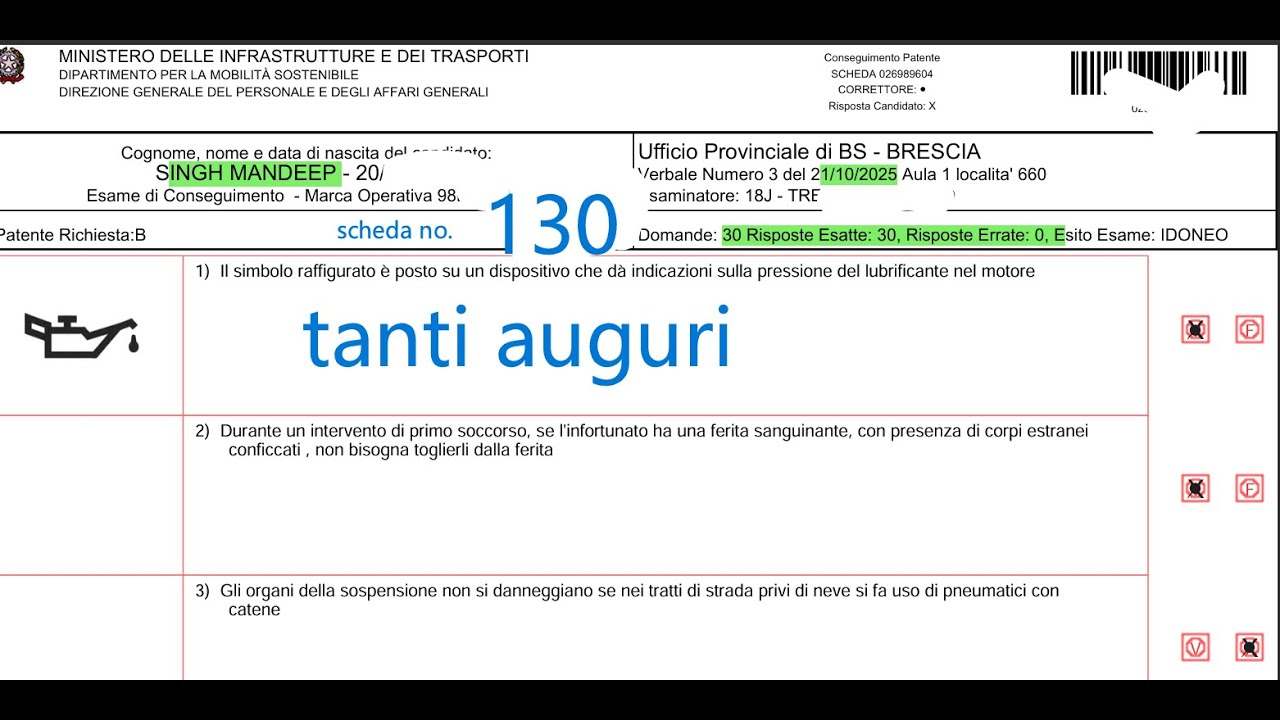 SCHEDA ESAME Patente B superato con 0 errore  di mandeep singh  no. 130