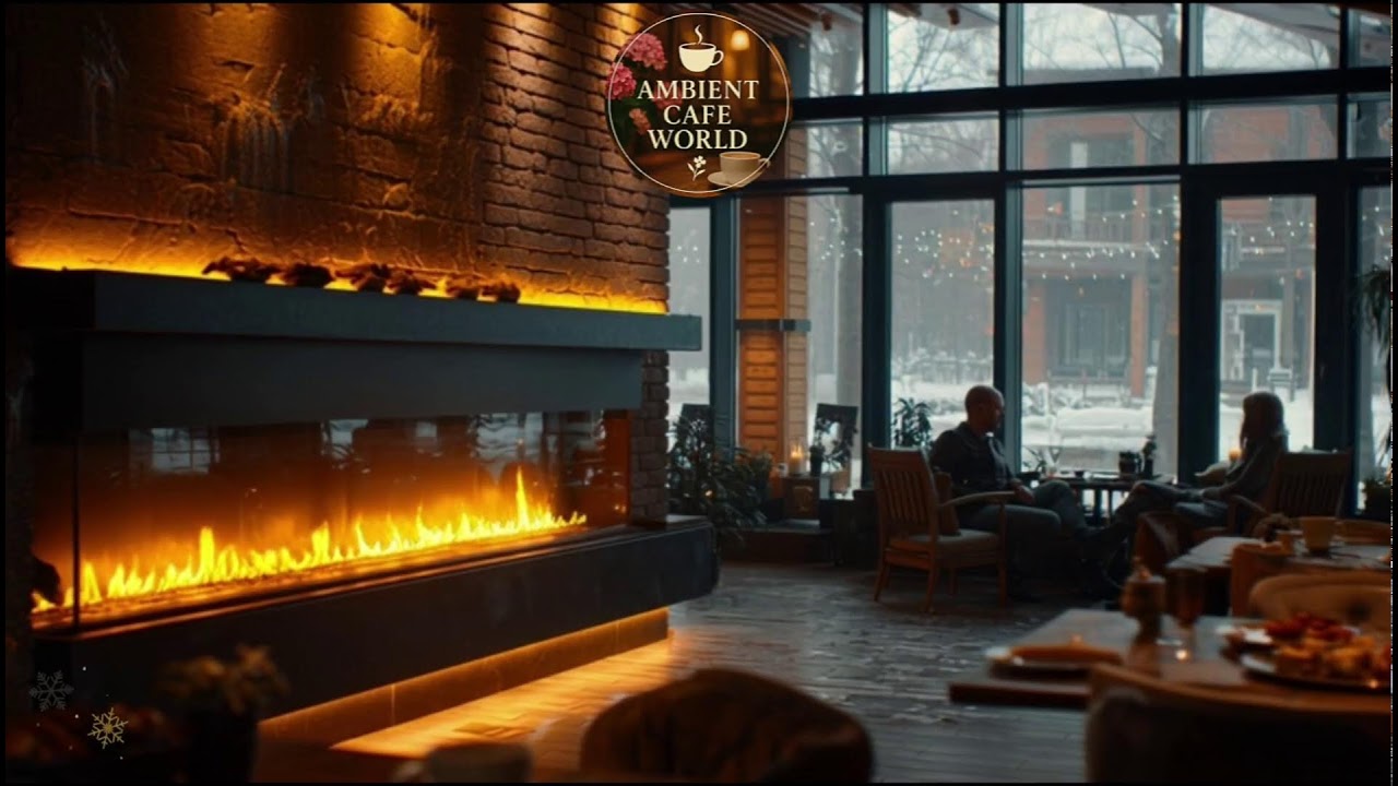 🔴 Soft Winter Jazz Music & Snowfall for Studying ⛄ Outdoor Coffee Shop Ambience with Warm Jazz Music