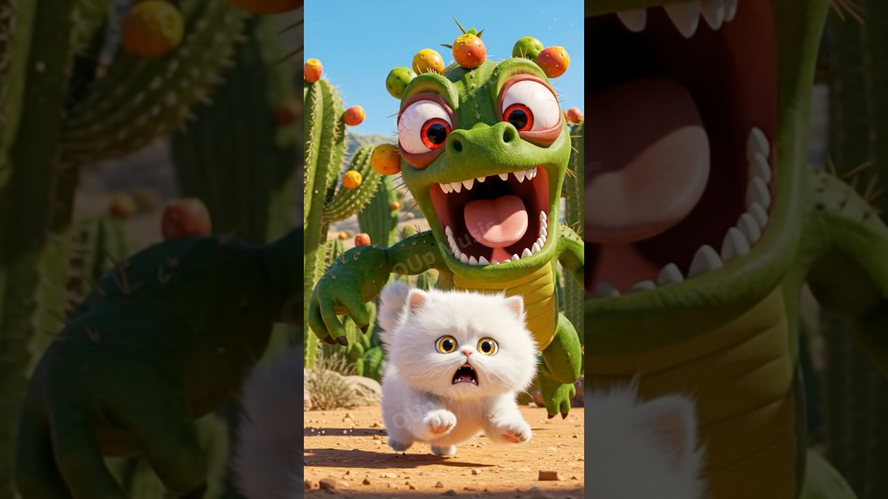 The duckling and the white cat got lost in the cactus forest 