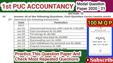 1st Puc Accountancy  imp 100 Marks Model Questions Paper 2020 - 21 By Jain Collage Q P