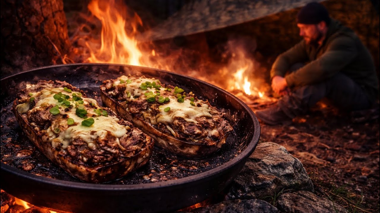 Solo Tarp Camping in the Forest | Open Fire Cheesesteak & Handmade Bread (ASMR)
