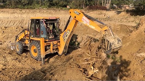 JCB Backhoe 3DX Machine Pulling Out The Roots Of The Tree - JCB Cutting Soil
