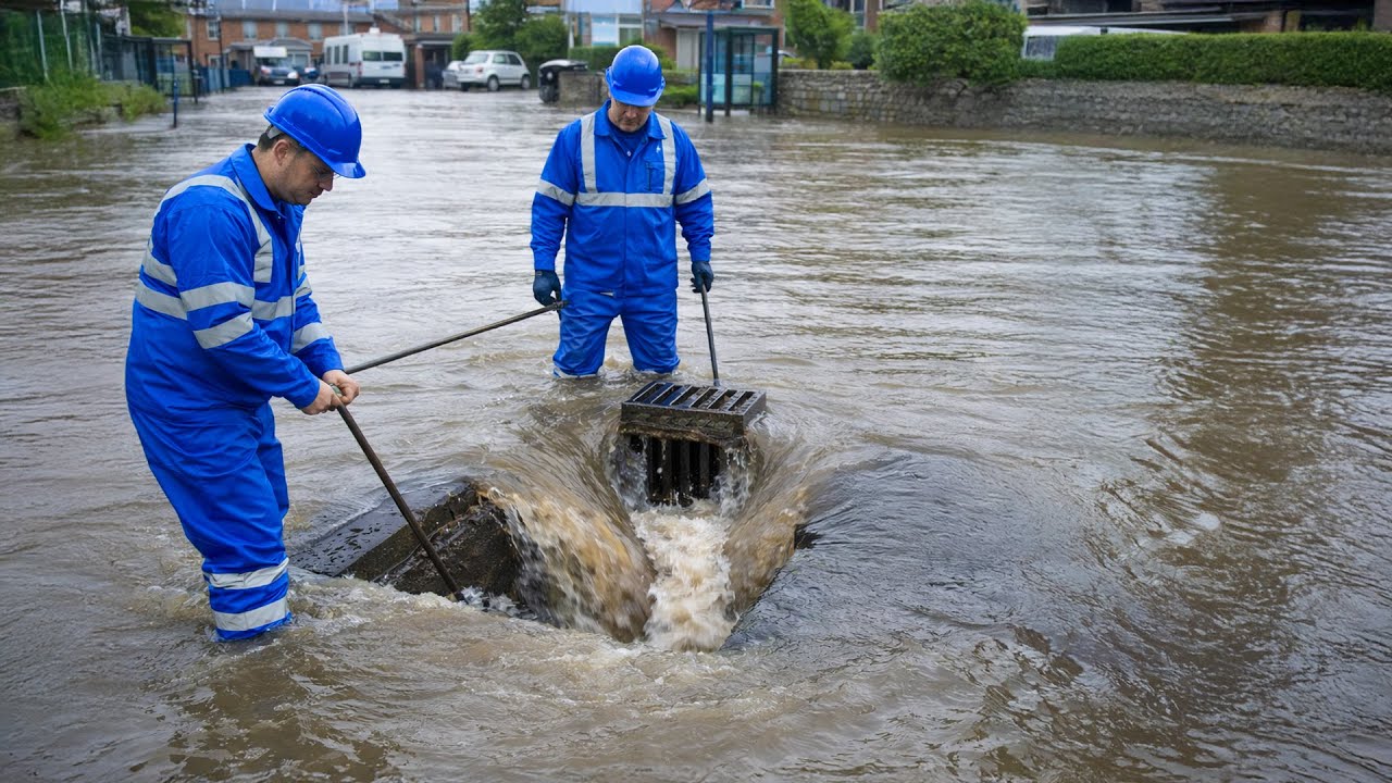 City Flood Crisis Solved by Unclogging Drain During Rain - YouTube
