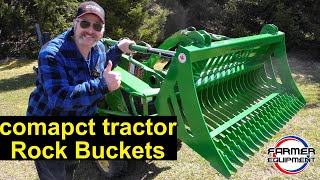 Rock buckets designed for compact tractors are a great tractor tool. JDQA and SSQA. 54” and 66”