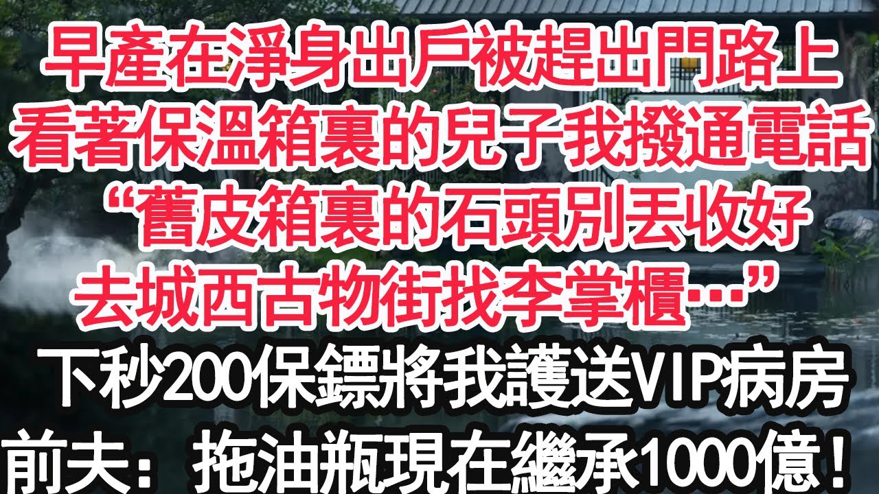 早產在淨身出戶被趕出門路上，看著保溫箱裏的兒子我撥通電話，“舊皮箱裏的石頭別丟收好，去城西古物街找李掌櫃…”下秒200保鏢將我護送VIP病房，前夫：拖油瓶現在繼承1000億！【顧亞男】【大女主】