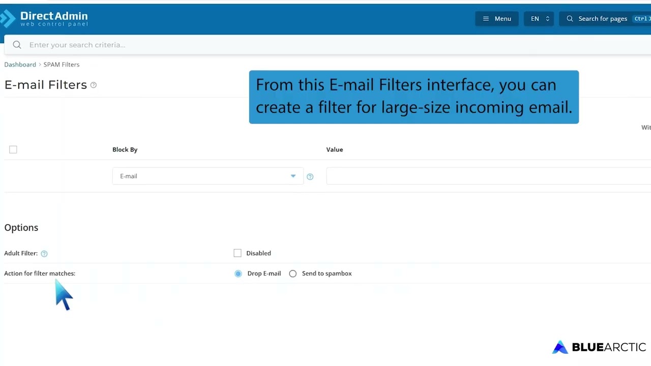 How to block emails by size using Spam filter in DirectAdmin   BLUE ARCTIC