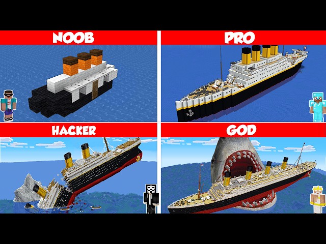 Minecraft Titanic HOUSE BUILD CHALLENGE - NOOB vs PRO vs HACKER vs GOD / Animation class=
