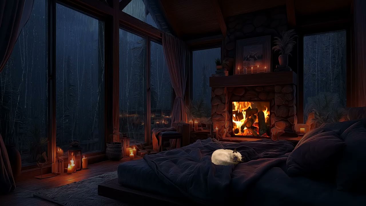 Heavy Rain & Fireplace 🌩️🔥 | Relaxing Bedroom Night Atmosphere