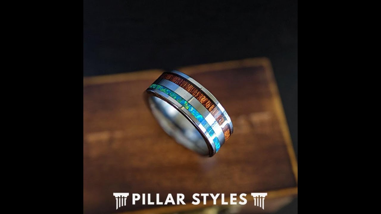 Wood & Opal Tungsten Wedding Band Green Fire Opal Ring
