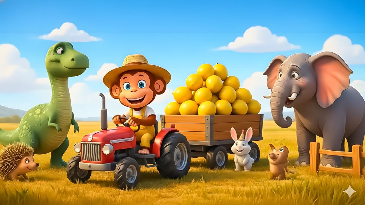 A Beautiful Day on the Farm as the Monkey Harvests Fresh Lemons and Transports Them in His Cart 🍋🐒🚜