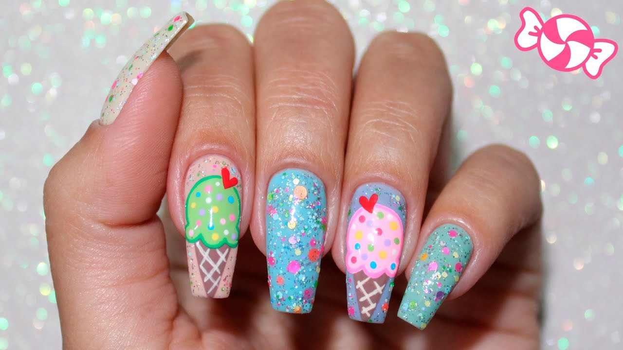 Unhas Decoradas Sorvete com Casquinha + Glitter | Unhas da Lalá