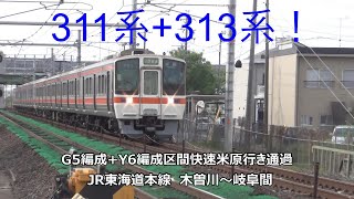 311系+313系！G5編成+Y6編成区間快速米原行き通過　JR東海道本線　木曽川～岐阜間