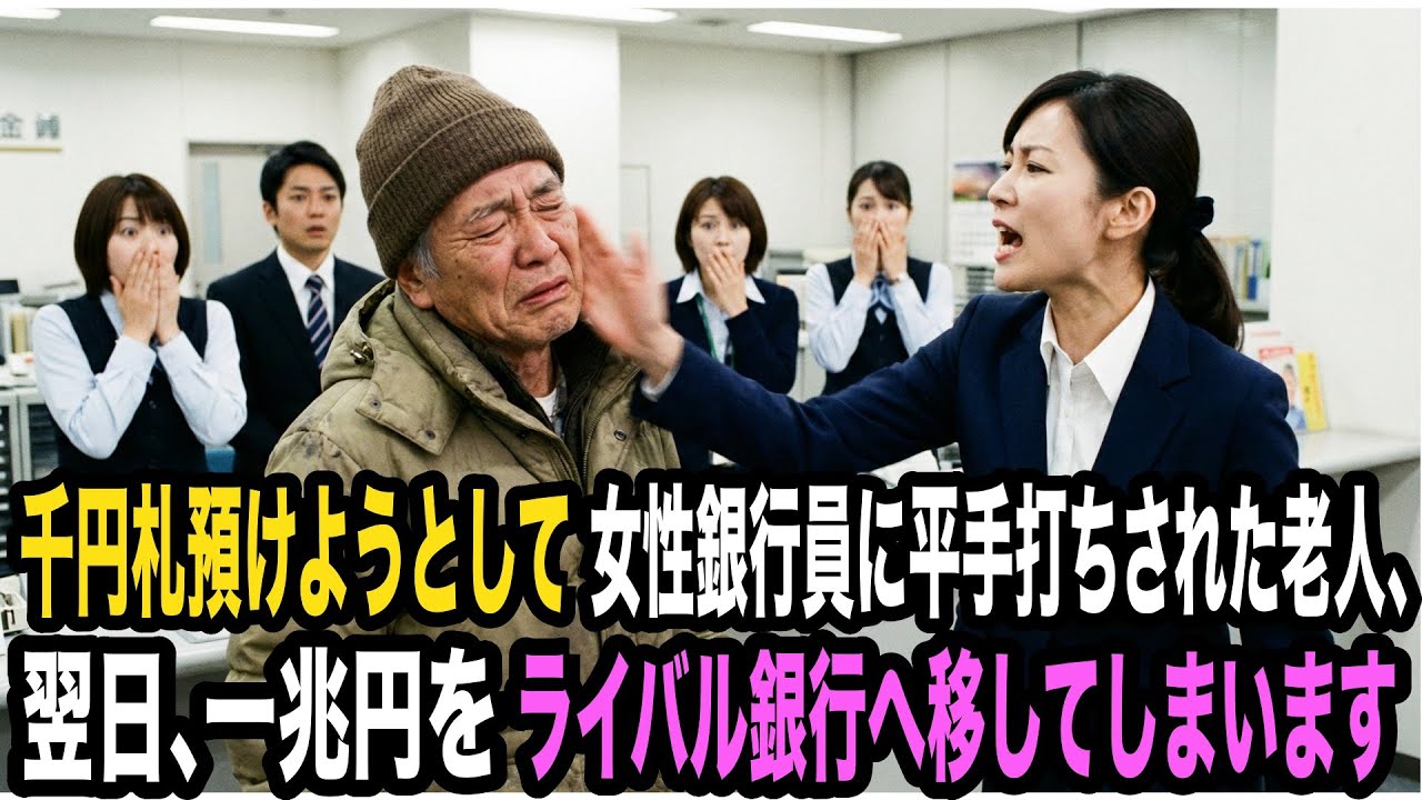 千円札預けようとして女性銀行員に平手打ちされた老人、翌日一兆円をライバル銀行へ移してしまいます