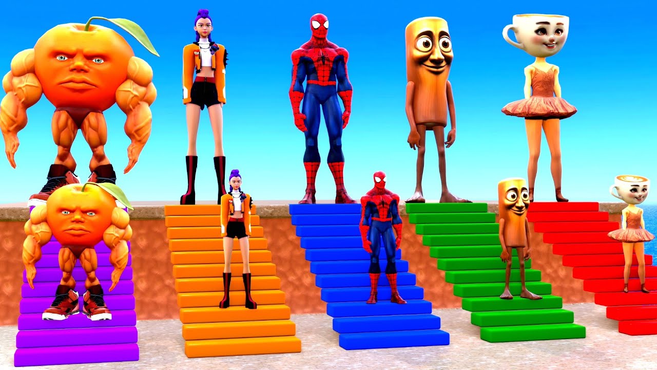 Playing as Spiderman in Long Slide Game with Cow Elephant Gorilla Hippo Tiger. Funny 3d Animal Game