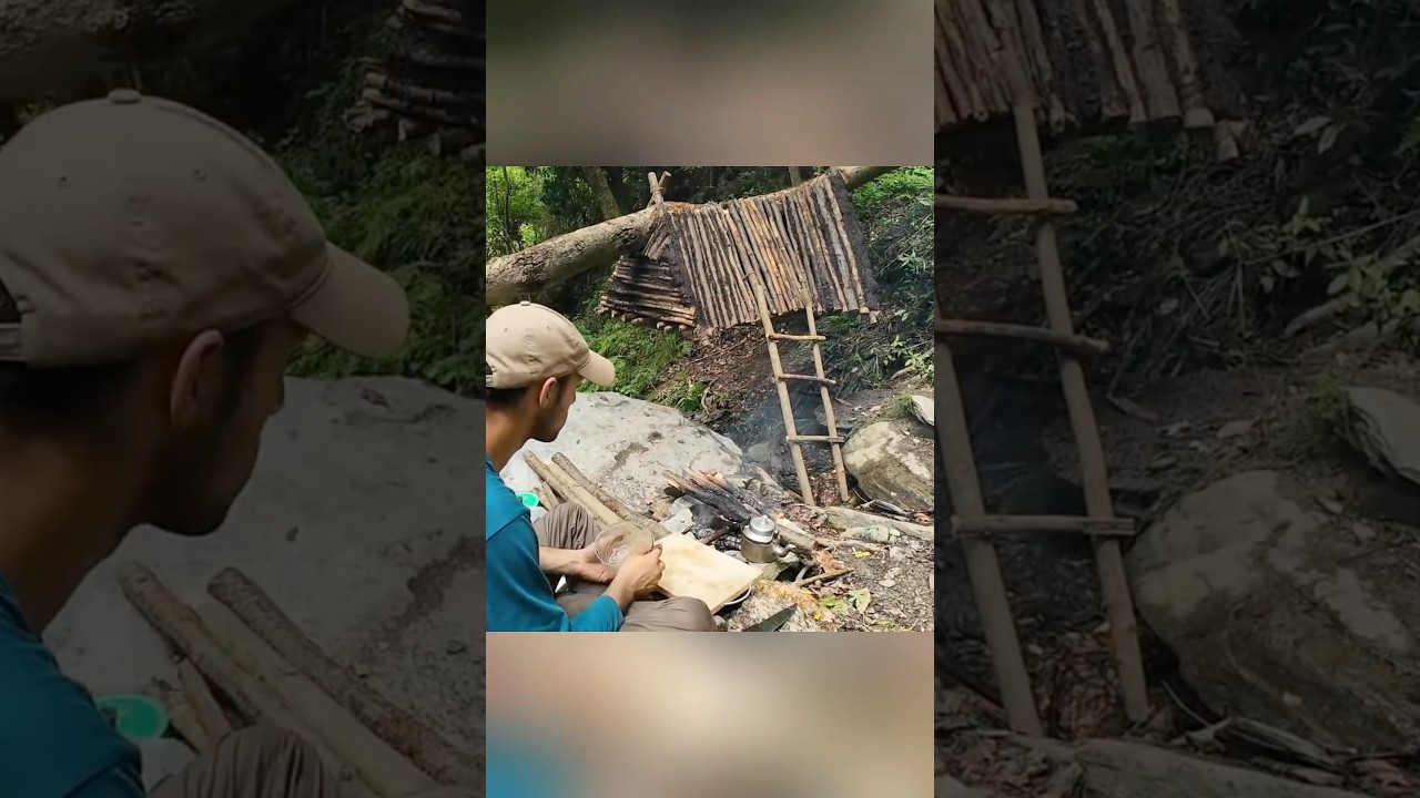 Man Builds a Wooden Hanging Shelter on a Fallen Tree 