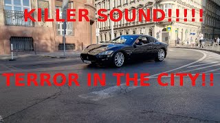 KILLER SOUND!! MASERATI GRANTURISMO BRUTAL EXHAUST\/REVVING SOUND, ACCELERATION TERROR IN THE CITY!