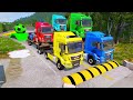 Double flatbed trailer truck vs speedbumps train vs cars  tractor vs train beamngdrive 048