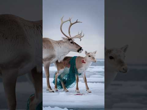 A mother reindeer shouts at the captain of a ship to save her calf from a net