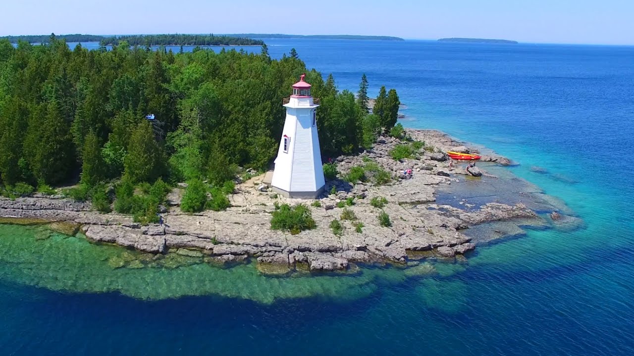 Beautiful Aerial View of Bruce Peninsula Tobermory Big Tub Lighthouse