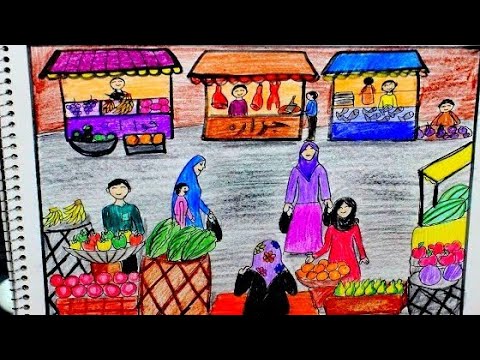 رسم السوق والخضار رسم سهل بالخطوات للمبتدئين