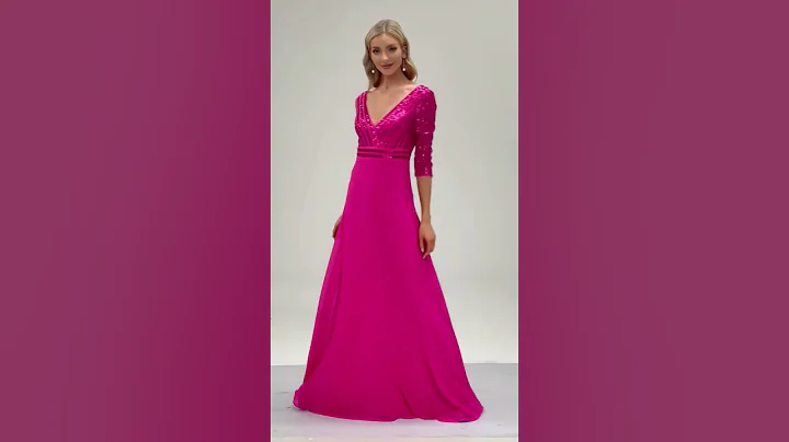Elegant Sequined Long Sleeve Gown V Neck Pink Evening Dress Wedding Party Graduation Prom Dresses
