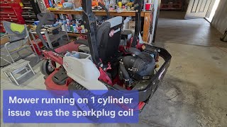 Power loss, was because it ran on 1 cylinder exmark lazer z mower had a bad coil. No power