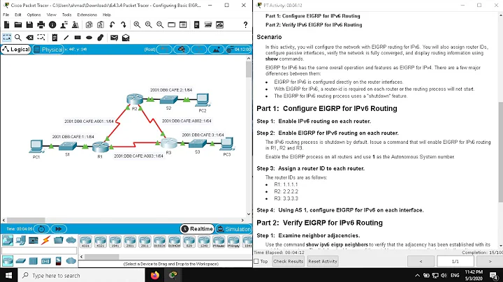 6.4.3.4 Packet Tracer - Configuring Basic EIGRP with IPv6 Routing