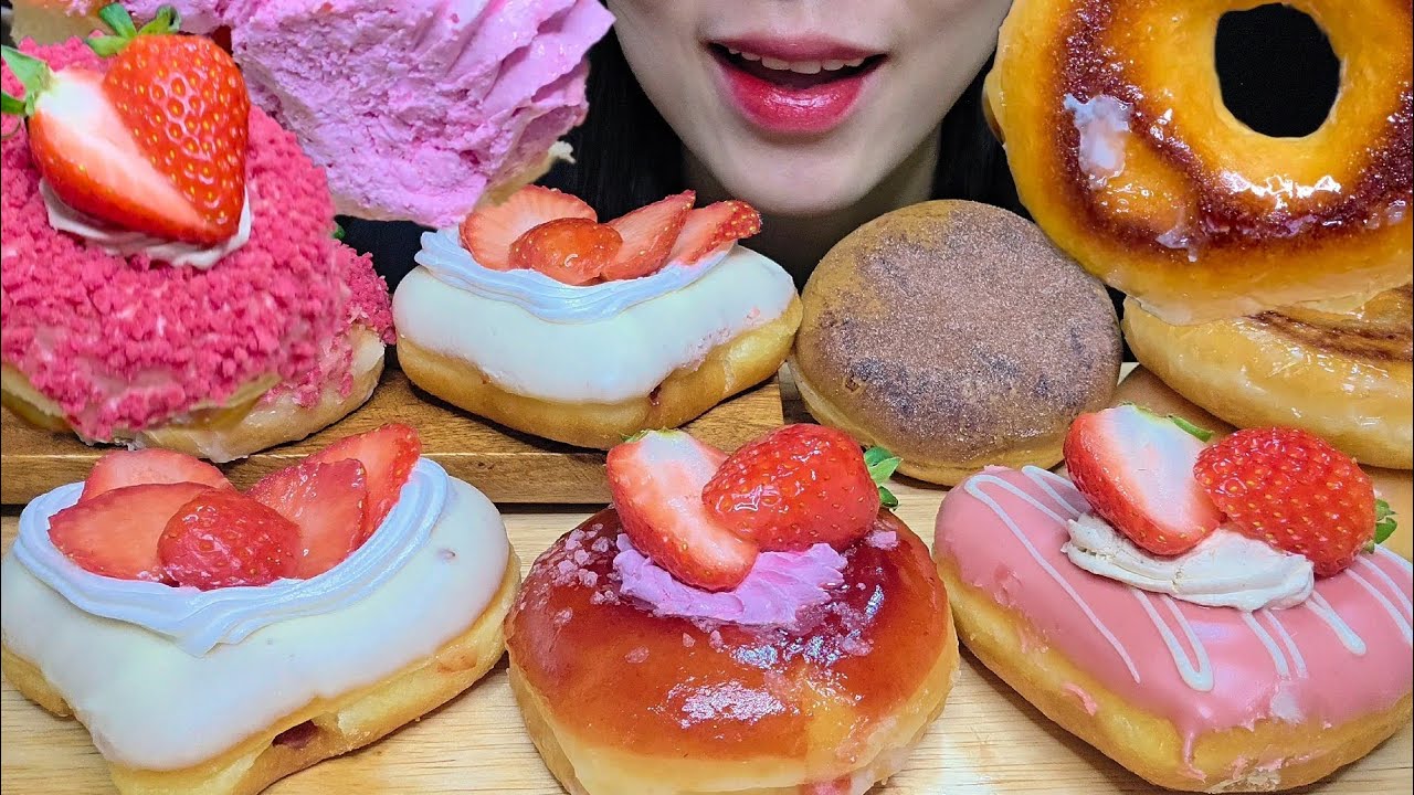 ASMR DONUTS MUKBANG)크리스피크림 신상 도넛 스트로베리 파티🍓🍓🎉🎉 도넛먹방🥯🥞🍩