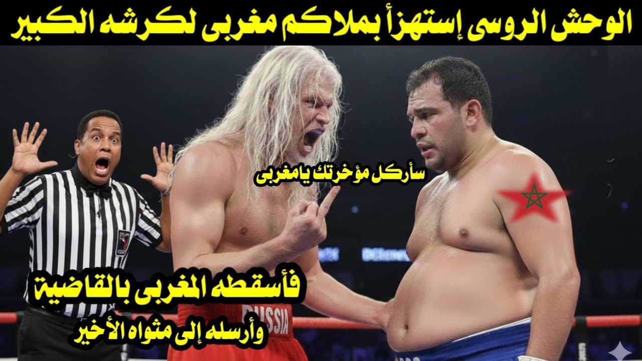 الوحش الروسى إستهزأ بملاكم مغربى لكرشه الكبير فأسقطه المغربى بالقاضية وأرسله إلى مثواه الأخير 