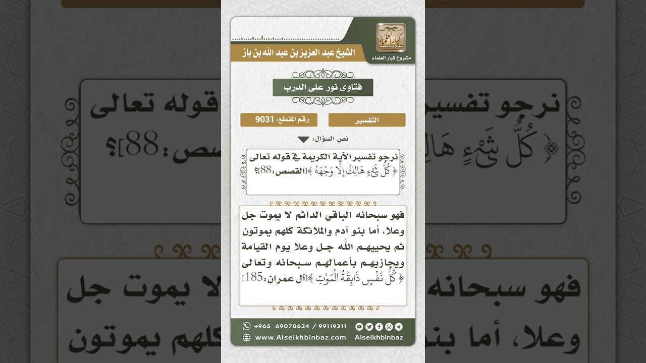 9031 - تفسير قوله تعالى (كل شيء هالك إلا وجهه) - نور على الدرب