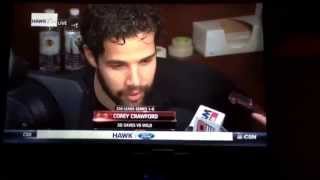Corey Crawford getting annoyed at reporter asking if he should have been benched.