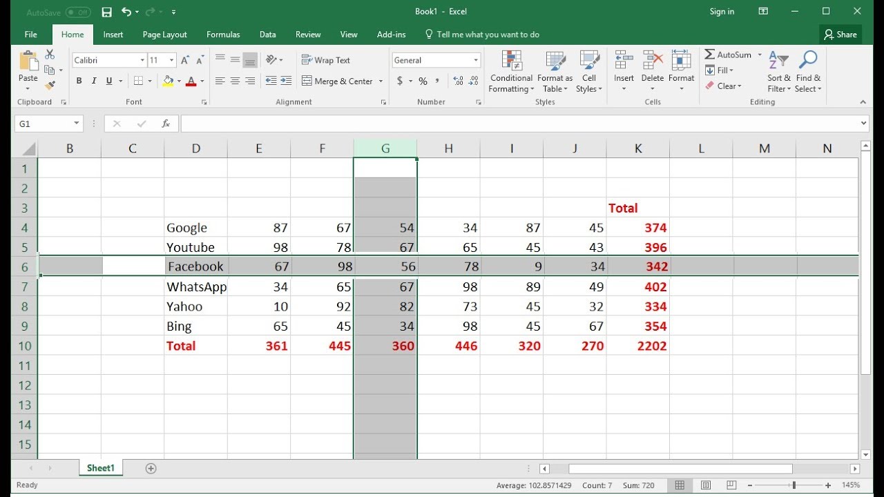 MS Excel Shortcut key: Select Whole Column/Row & Do Sum + (Easy) - YouTube