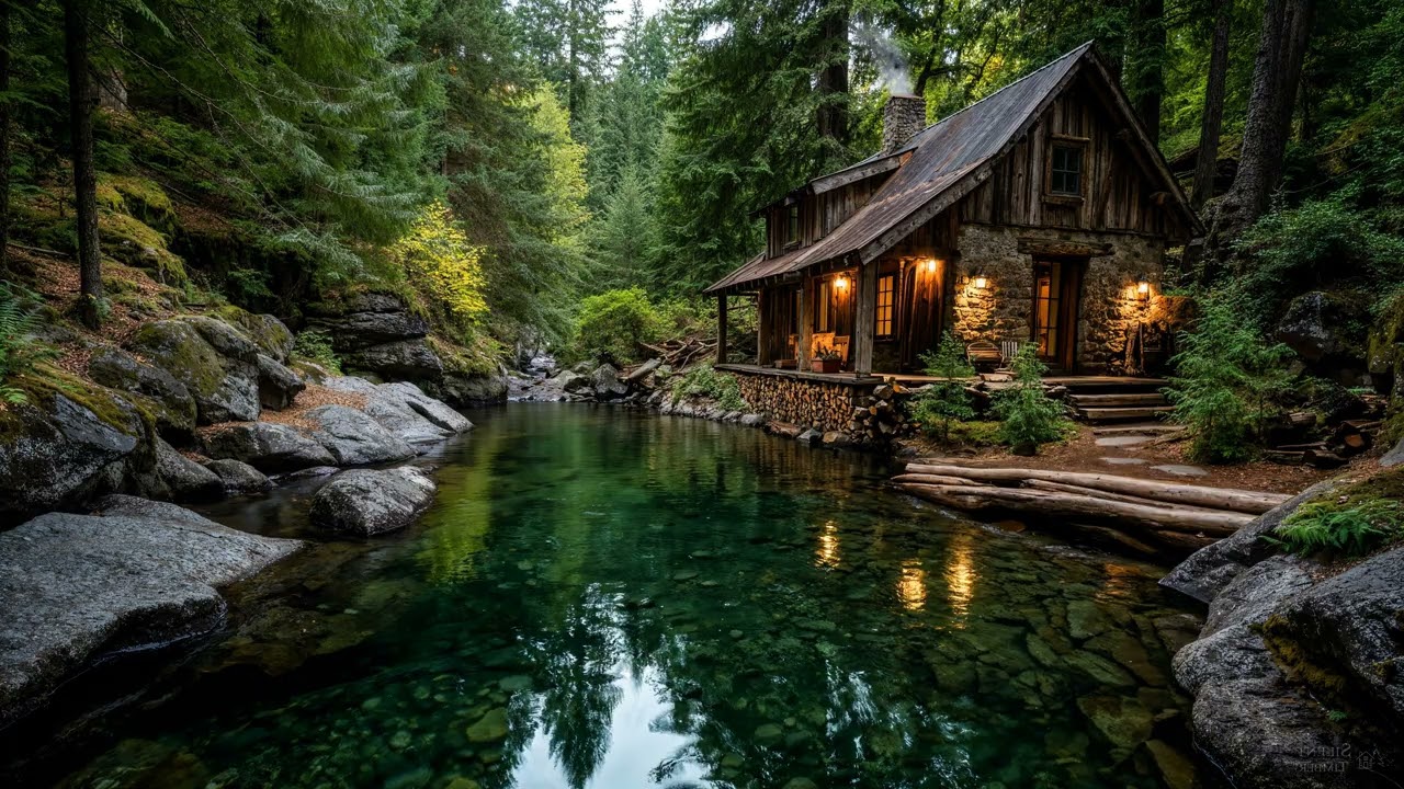 Rustic Cabin Ambience in the Forest with Water, Frogs, Birds and Wind | Silent Timber | 4K