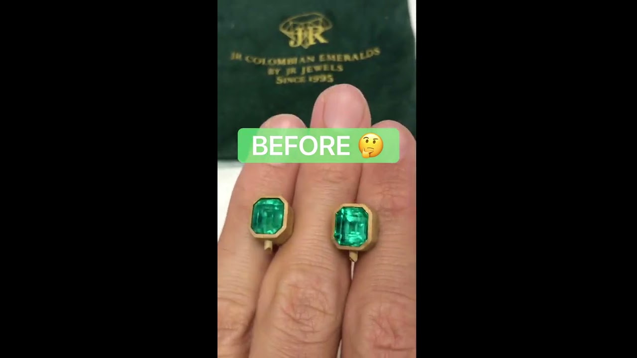 Handmade emerald 14K gold stud bezel earrings