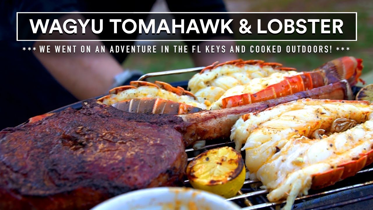 WAGYU TOMAHAWK steak and GRILLED LOBSTER TAILS - SURF n TURF in the FL Keys!