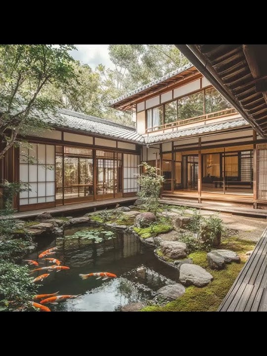 Rumah tradisional bergaya Jepang dengan pintu geser shoji, tatami, dan taman zen yang tenang